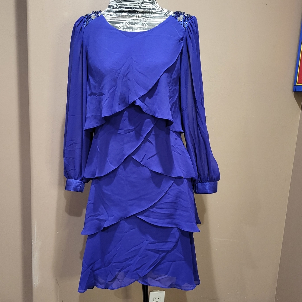 Blue Chiffon Tiered Dress With Beaded Shoulder, sz 8